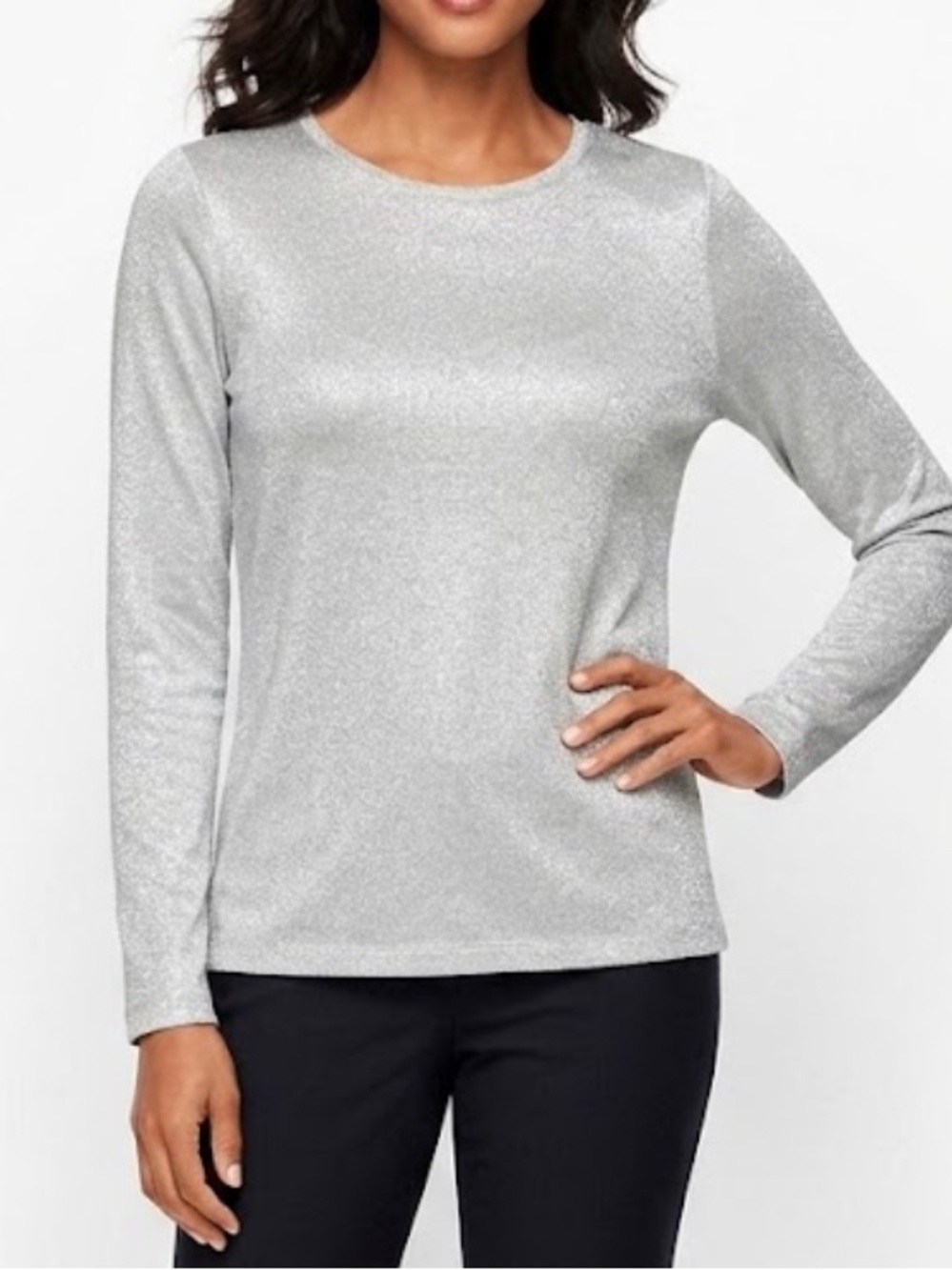 Talbots Silver Metallic Long-Sleeve Crewneck Top - Picture 1 of 6